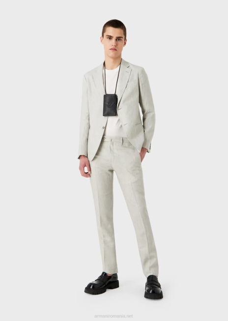 bărbați R802G1460 costum modern cu un singur piept din in decolorat rezistent la sifon Armani gri deschis