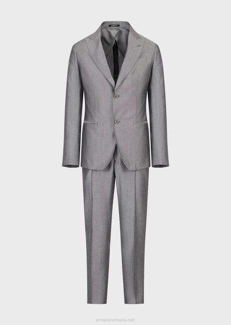 bărbați R802G1461 Costum cu un singur piept modern, din amestec de lână eucalipt cu micro-model Armani gri