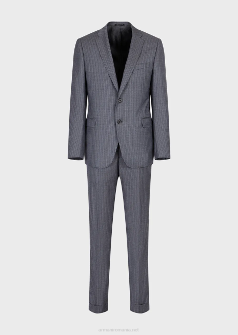 bărbați R802G1462 Costum slim-fit pe un singur piept din lana deschisa multicolora, cu dungi Armani avio