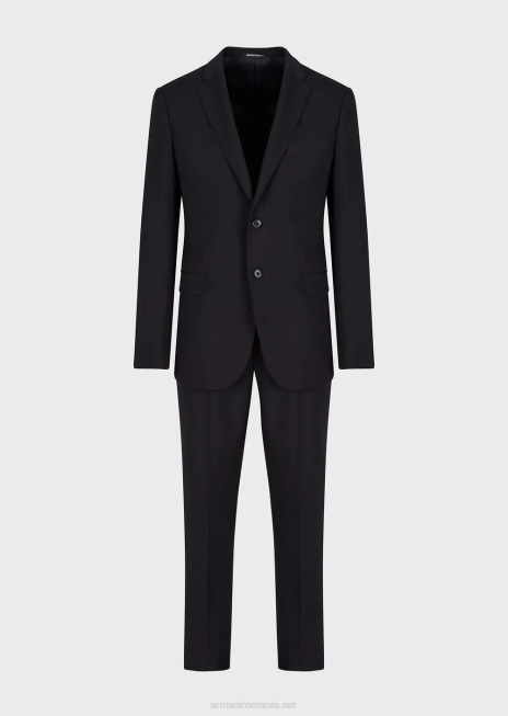 bărbați R802G1467 Costum slim-fit, la un singur piept, din lână naturală elastică ușoară Armani albastru marin