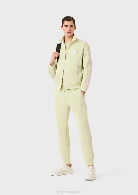 bărbați R802G1375 Hanorac cu fermoar complet din jerseu, cu dungi și fiecare petic Armani verde deschis