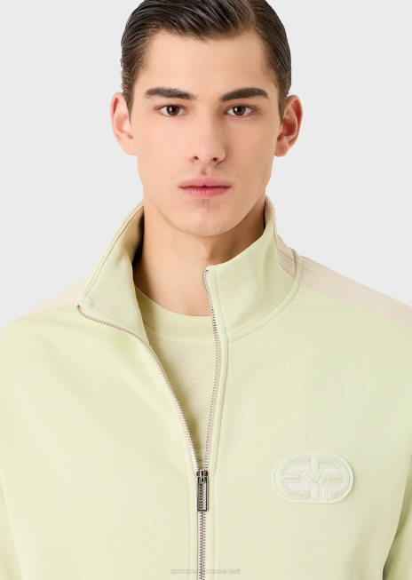 bărbați R802G1375 Hanorac cu fermoar complet din jerseu, cu dungi și fiecare petic Armani verde deschis