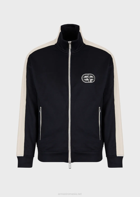 bărbați R802G1376 Hanorac cu fermoar complet din jerseu, cu dungi și fiecare petic Armani albastru marin