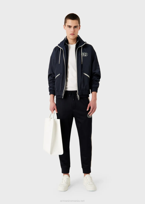 bărbați R802G1376 Hanorac cu fermoar complet din jerseu, cu dungi și fiecare petic Armani albastru marin