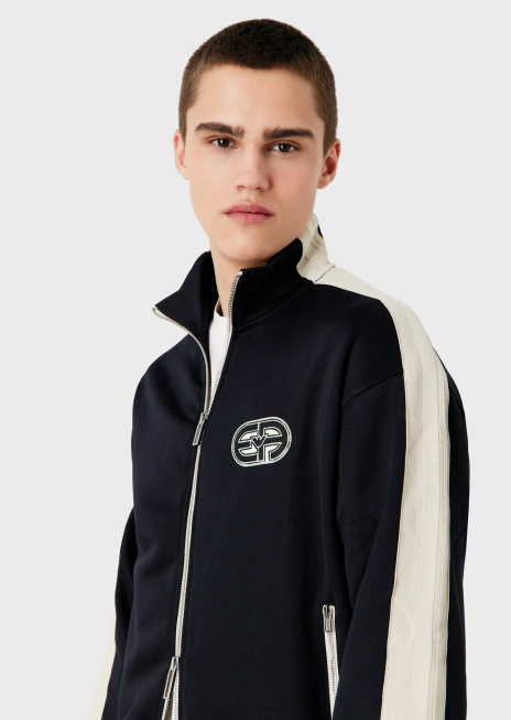 bărbați R802G1376 Hanorac cu fermoar complet din jerseu, cu dungi și fiecare petic Armani albastru marin