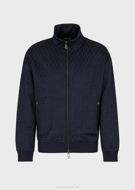 bărbați R802G1398 hanorac din jerse cu fermoar complet, cu vultur stilizat jacquard în relief și broderie cu logo Armani albastru marin