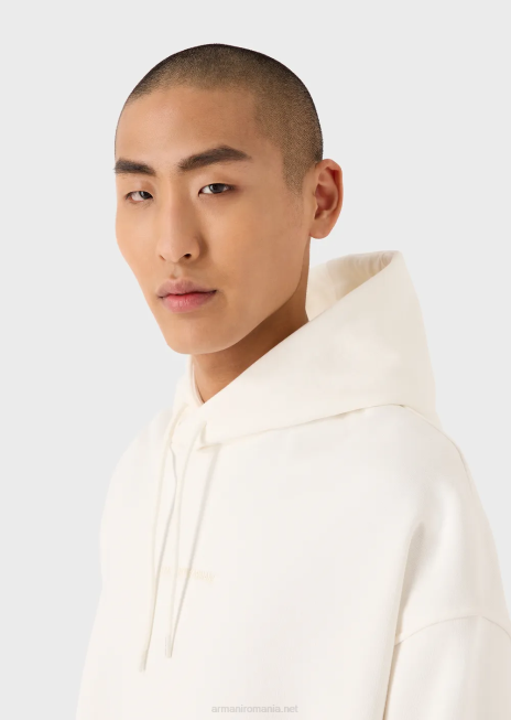 bărbați R802G1419 hanorac cu glugă din jerseu greu, cu logo cauciucat îndrăzneț Armani alb