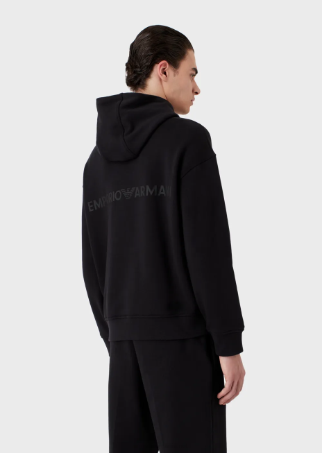 bărbați R802G1421 hanorac cu glugă din jerseu greu, cu logo cauciucat îndrăzneț Armani albastru marin