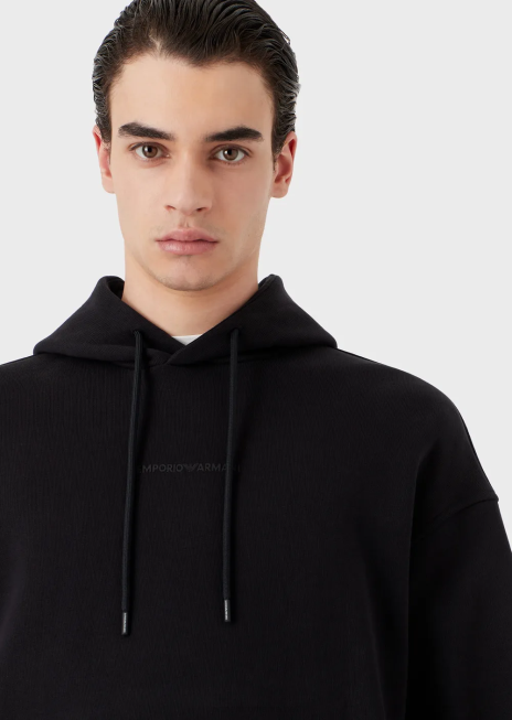 bărbați R802G1421 hanorac cu glugă din jerseu greu, cu logo cauciucat îndrăzneț Armani albastru marin