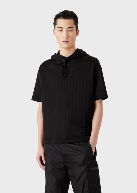 bărbați R802G1427 hanorac cu glugă cu mâneci scurte din jerse matlasat Armani negru