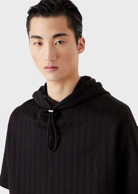 bărbați R802G1427 hanorac cu glugă cu mâneci scurte din jerse matlasat Armani negru