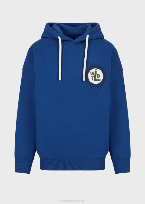 bărbați R802G1434 hanorac din colecția sustenabilă cu glugă și plasture din bumbac organic din piele de piersică Armani albastru