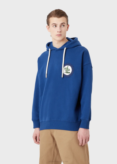 bărbați R802G1434 hanorac din colecția sustenabilă cu glugă și plasture din bumbac organic din piele de piersică Armani albastru