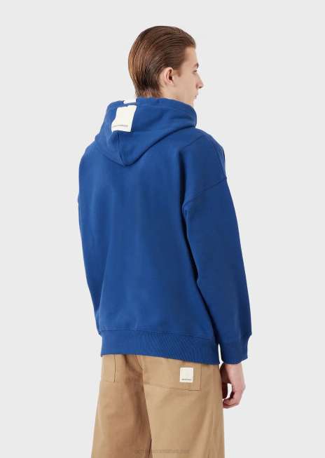 bărbați R802G1434 hanorac din colecția sustenabilă cu glugă și plasture din bumbac organic din piele de piersică Armani albastru