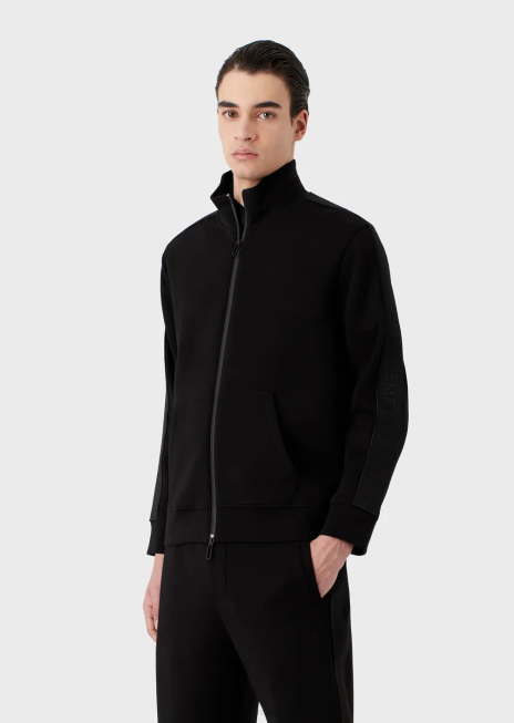bărbați R802G1436 hanorac din jerseu dublu cu fermoar complet și bandă cu logo Armani negru