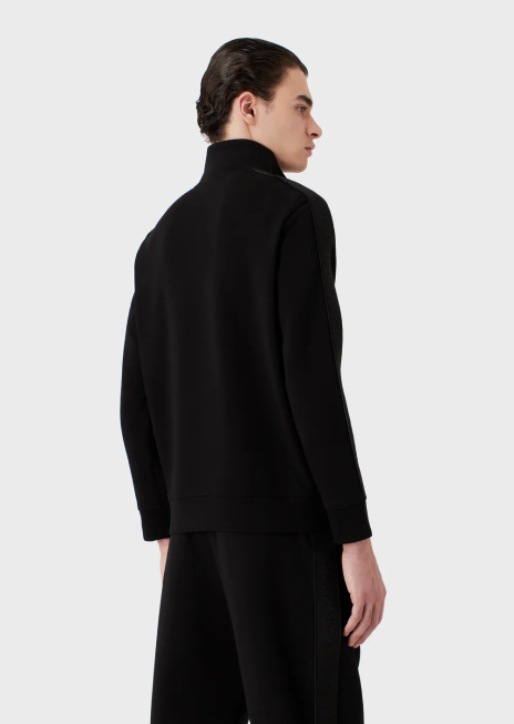 bărbați R802G1436 hanorac din jerseu dublu cu fermoar complet și bandă cu logo Armani negru