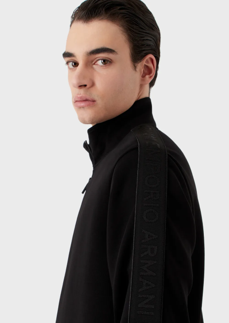 bărbați R802G1436 hanorac din jerseu dublu cu fermoar complet și bandă cu logo Armani negru