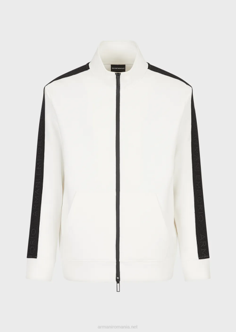 bărbați R802G1437 hanorac din jerseu dublu cu fermoar complet și bandă cu logo Armani alb
