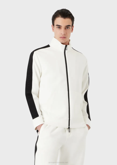 bărbați R802G1437 hanorac din jerseu dublu cu fermoar complet și bandă cu logo Armani alb
