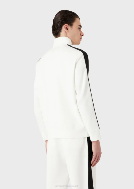 bărbați R802G1437 hanorac din jerseu dublu cu fermoar complet și bandă cu logo Armani alb
