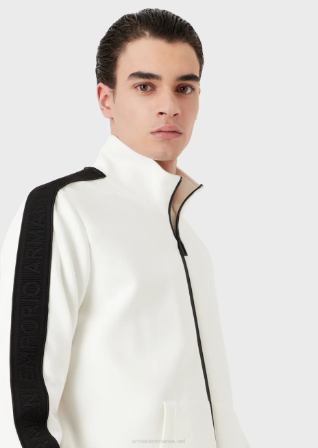 bărbați R802G1437 hanorac din jerseu dublu cu fermoar complet și bandă cu logo Armani alb