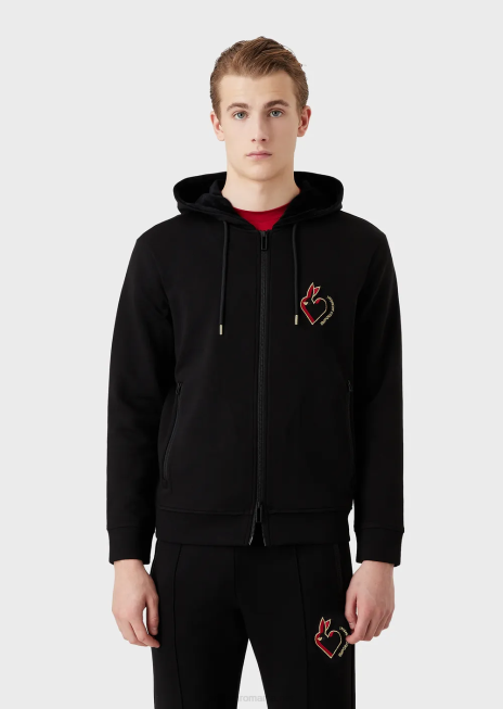 bărbați R802G1444 hanorac din jerseu dublu, cu glugă, cu fermoar, cu broderie de iepure Armani negru