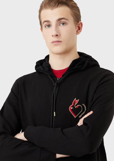 bărbați R802G1444 hanorac din jerseu dublu, cu glugă, cu fermoar, cu broderie de iepure Armani negru