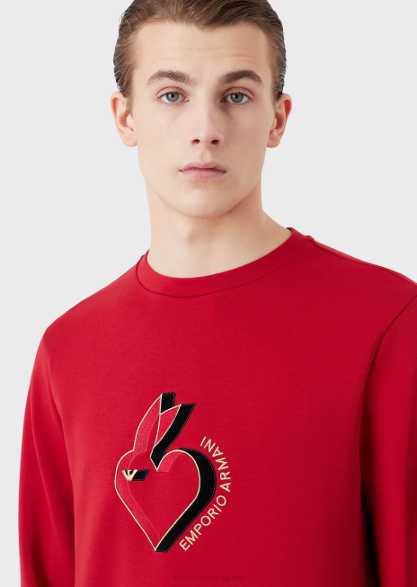 bărbați R802G1446 hanorac din jerseu dublu cu broderie iepure Armani roșu