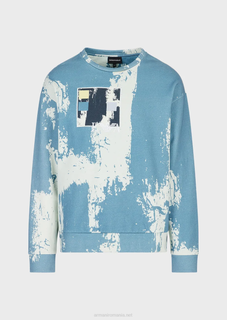 bărbați R802G1572 Hanorac cu imprimeu cu cerneală peste tot cu broderie cu logo Armani azur