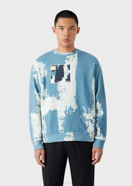 bărbați R802G1572 Hanorac cu imprimeu cu cerneală peste tot cu broderie cu logo Armani azur