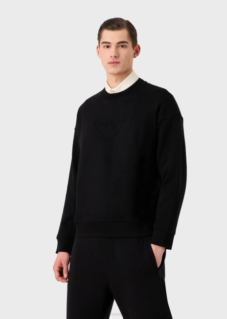 bărbați R802G1577 hanorac din jerseu greu, cu ornamente supradimensionate cu logo în relief Armani negru