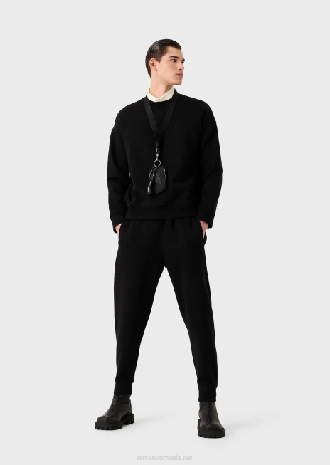 bărbați R802G1577 hanorac din jerseu greu, cu ornamente supradimensionate cu logo în relief Armani negru