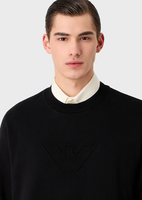 bărbați R802G1577 hanorac din jerseu greu, cu ornamente supradimensionate cu logo în relief Armani negru