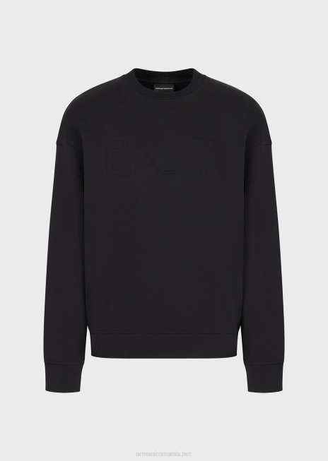 bărbați R802G1578 hanorac din jerseu greu, cu ornamente supradimensionate cu logo în relief Armani albastru marin