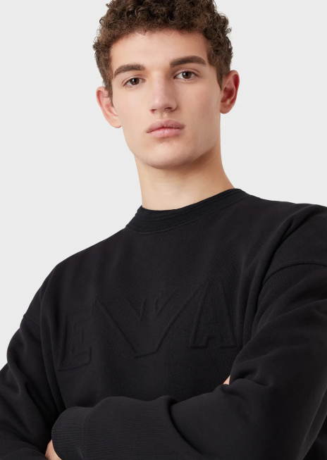 bărbați R802G1578 hanorac din jerseu greu, cu ornamente supradimensionate cu logo în relief Armani albastru marin