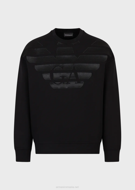 bărbați R802G1579 hanorac din jerseu dublu cu broderie cu logo supradimensionat Armani negru