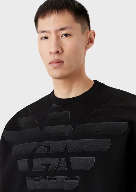 bărbați R802G1579 hanorac din jerseu dublu cu broderie cu logo supradimensionat Armani negru