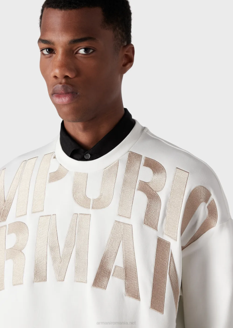 bărbați R802G1580 hanorac din jerseu dublu cu broderie cu logo supradimensionat Armani alb