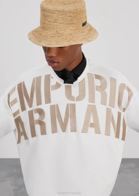 bărbați R802G1580 hanorac din jerseu dublu cu broderie cu logo supradimensionat Armani alb