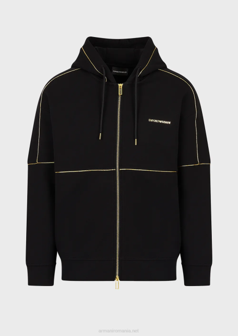 bărbați R802G1581 hanorac din jerseu dublu, cu glugă, cu fermoar, cu detalii aurii și logo Armani negru