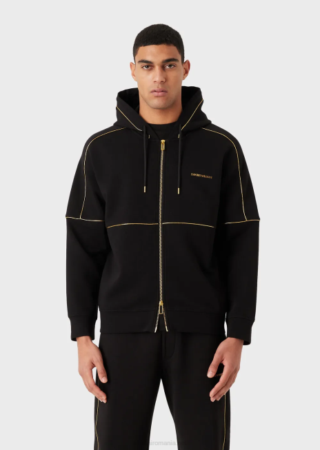 bărbați R802G1581 hanorac din jerseu dublu, cu glugă, cu fermoar, cu detalii aurii și logo Armani negru