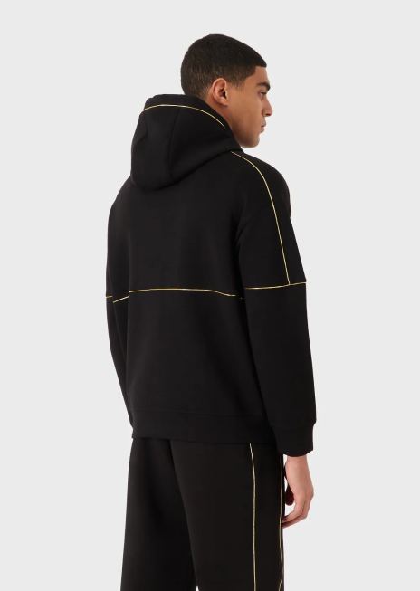 bărbați R802G1581 hanorac din jerseu dublu, cu glugă, cu fermoar, cu detalii aurii și logo Armani negru