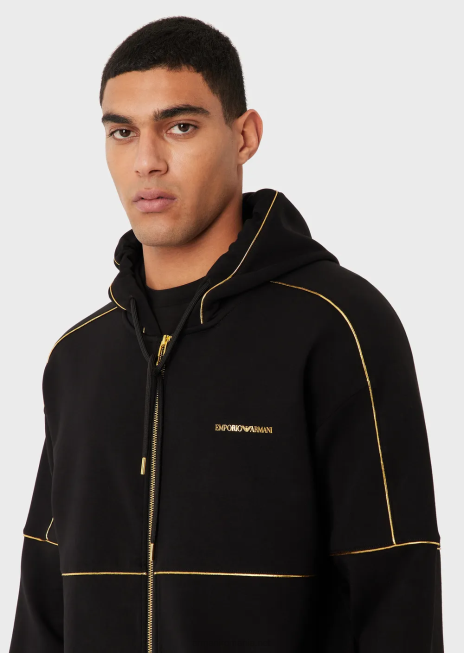 bărbați R802G1581 hanorac din jerseu dublu, cu glugă, cu fermoar, cu detalii aurii și logo Armani negru