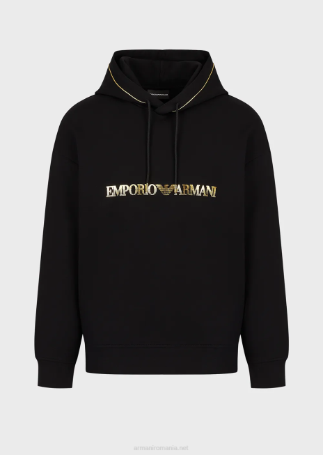 bărbați R802G1582 hanorac cu glugă din jerseu dublu, cu detalii aurii și logo Armani negru