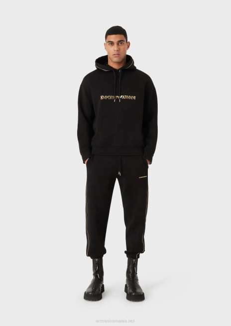 bărbați R802G1582 hanorac cu glugă din jerseu dublu, cu detalii aurii și logo Armani negru