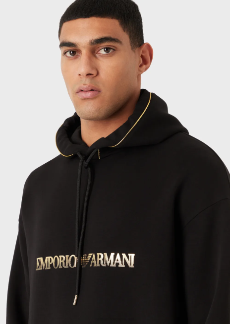 bărbați R802G1582 hanorac cu glugă din jerseu dublu, cu detalii aurii și logo Armani negru