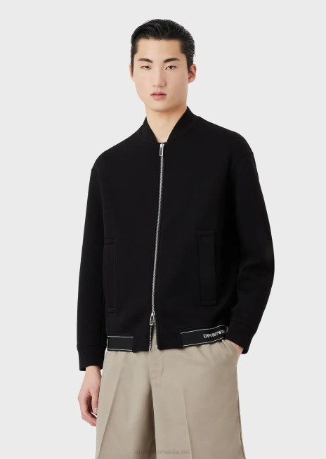 bărbați R802G1584 Hanorac din jerseu dublu cu fermoar și tiv elastic cu logo Armani negru