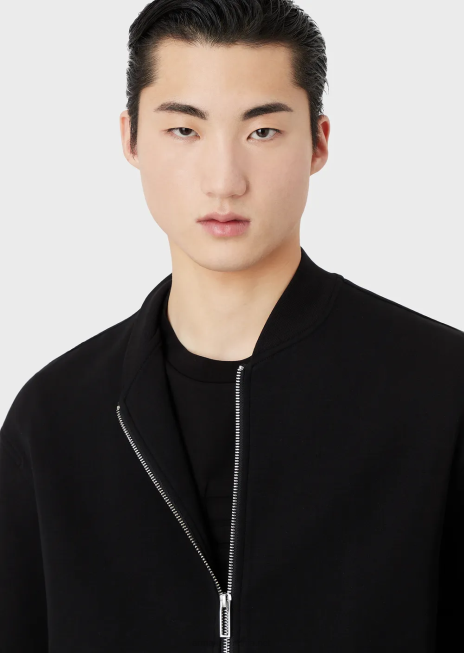 bărbați R802G1584 Hanorac din jerseu dublu cu fermoar și tiv elastic cu logo Armani negru