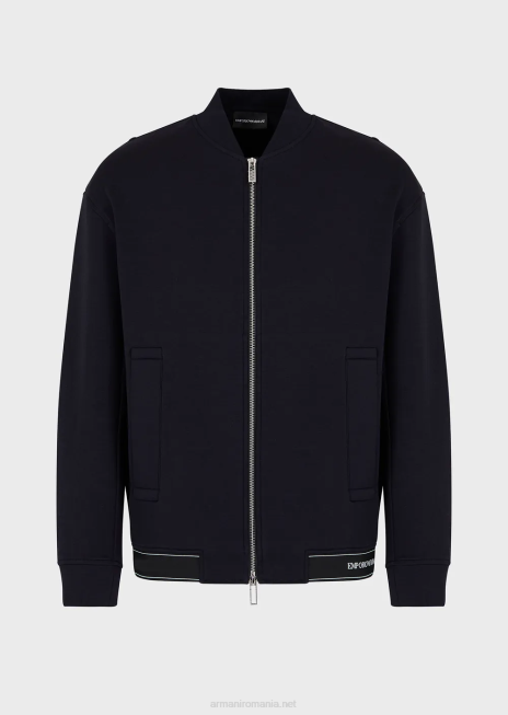 bărbați R802G1585 Hanorac din jerseu dublu cu fermoar și tiv elastic cu logo Armani albastru marin