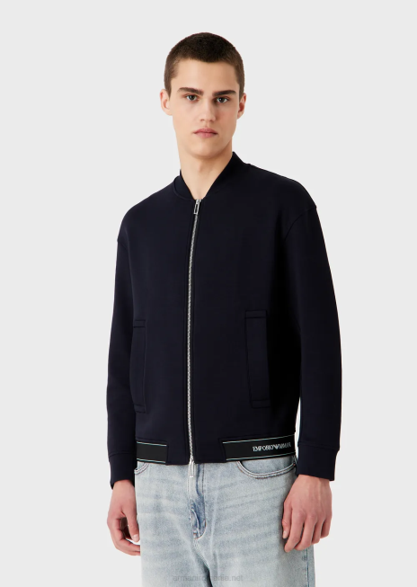 bărbați R802G1585 Hanorac din jerseu dublu cu fermoar și tiv elastic cu logo Armani albastru marin